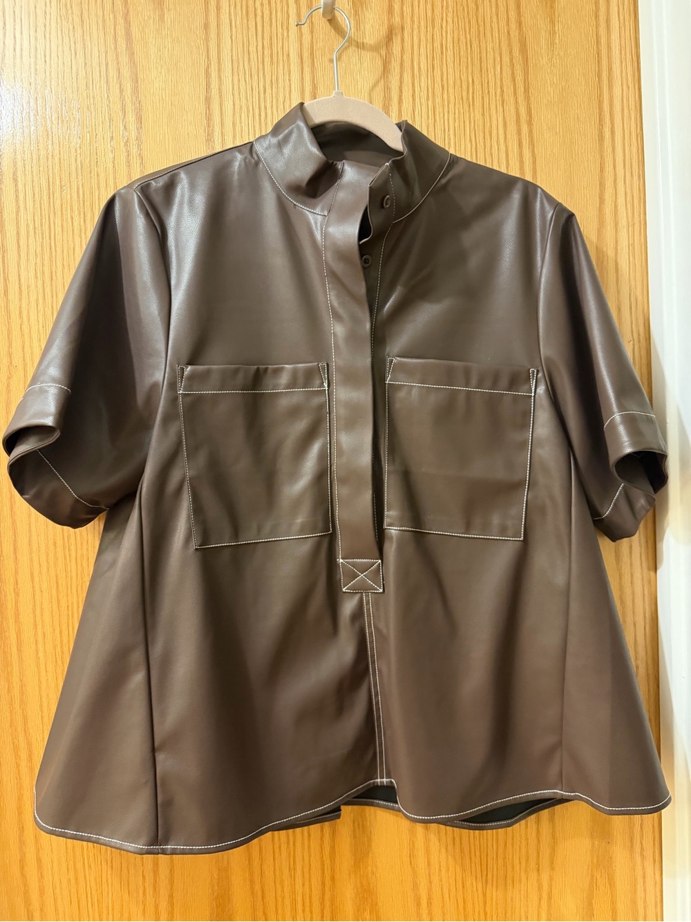 Maeve Brown Faux-Leather Short Sleeve Button -Up Shirt